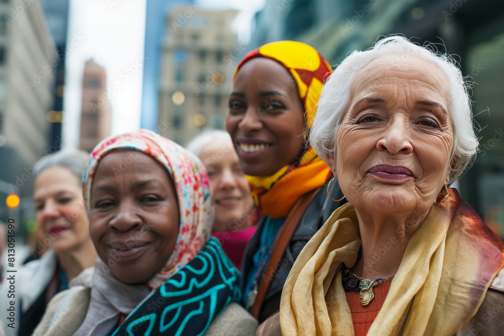 A diverse group of joyful mature women with a focus on one smiling lady ...