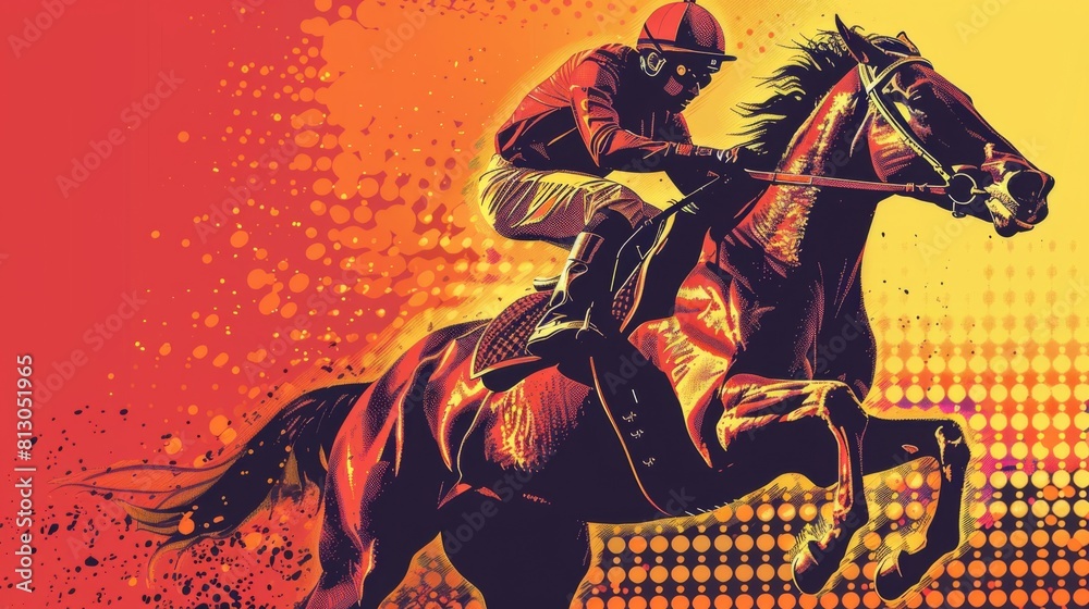 Illustration of racehorse at full speed on a racetrack, with a dynamic red and orange background. Illustration of racehorse at full speed on a racetrack, with a dynamic red and orange background.