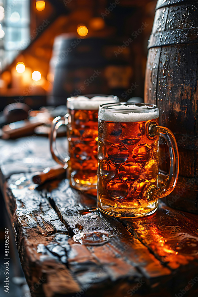 Close-up of mugs of beer standing on the table in the pub near the wooden barrel. Close-up of mugs of beer standing on the table in the pub near the wooden barrel.