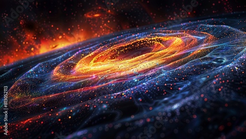 Blazing cosmic trails of glowing particles and fiery energy waves in vivid red, yellow, and blue hues, creating an abstract hyperspeed or wormhole effect in deep space.