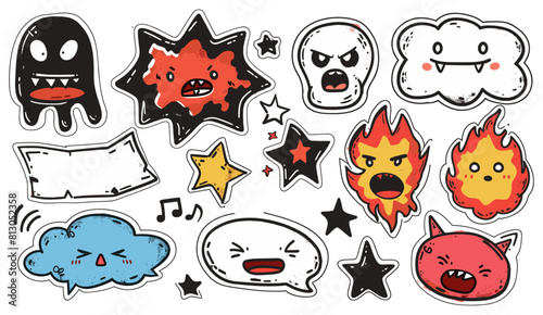 Hand drawn dialogue box, speech bubbles icon, evil emoji, star, fire, doodle style, vector illustration, stickers. Sketch, cartoon, hand-drawn, emoticon, flame.