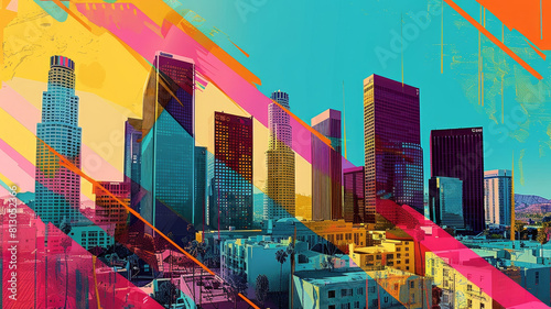 This bustling California city skyline showcases modern high-rise buildings adorned with pop art inspired color blocking and patterns. The dynamic composition, featuring diagonal lines, evokes an
