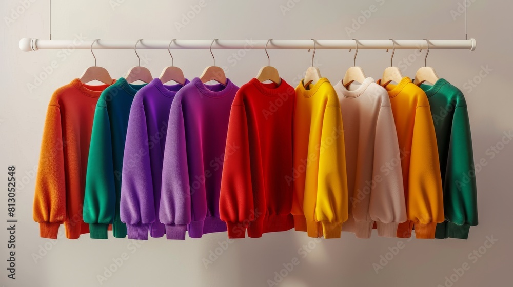 A variety of colorful sweatshirts neatly arranged on a closet rack against a neutral background, showcasing a rainbow of options A variety of colorful sweatshirts neatly arranged on a closet rack against a neutral background, showcasing a rainbow of options