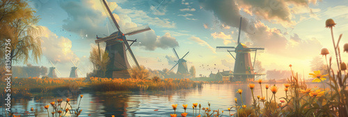 Windmills in Kinderdijk in Netherlands ,Green ecological power energy generation with wind rose energy,Clean energy concept