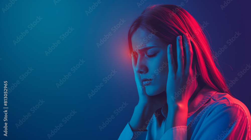 Young woman appears troubled by a severe headache, portrayed in a dramatic neon blue and red light, symbolizing pain and discomfort with a touch of modern aesthetic