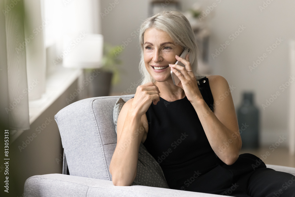 Cheerful senior lady speaking on cellphone at home, resting in comfortable armchair, enjoying friendly talk, conversation, communication, leisure with toothy smile, using messenger for call Cheerful senior lady speaking on cellphone at home, resting in comfortable armchair, enjoying friendly talk, conversation, communication, leisure with toothy smile, using messenger for call