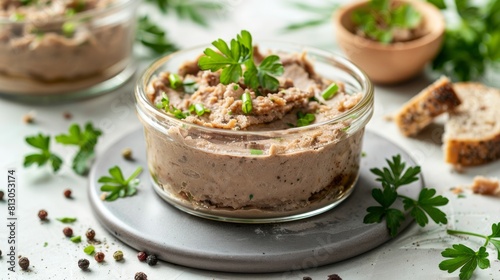 Liver pate in a glass container on a light background.