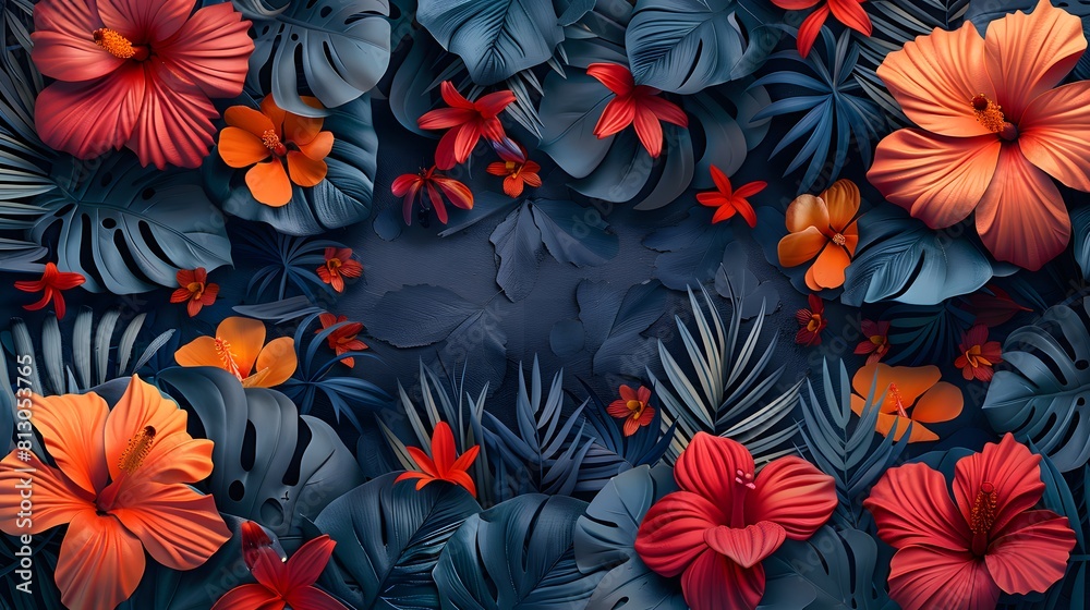 Tropical foliage background. Plants and flowers leaves wallpaper. Red and black, dark tone. Tropical foliage background. Plants and flowers leaves wallpaper. Red and black, dark tone.