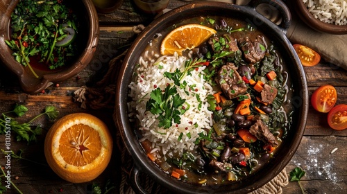 Juicy and fragrant Brazilian stew made from black beans and various types of meat, served with rice, farofa, cabbage leaves and orange slices.