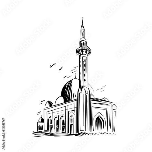 Monochrome mosque design with distinct lines and birds flying.
