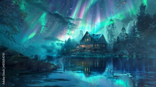 A picturesque scene of a house perched on the shore of a glassy lake  framed by the ethereal beauty of the northern lights flickering in the sky