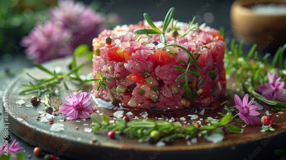 Tartare on a beautiful plate on a dark background. Tartare on a beautiful plate on a dark background.