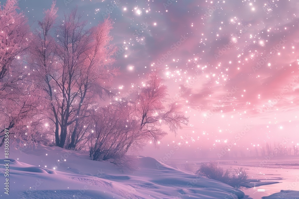 Eerie yet beautiful pink aurora borealis casting a dreamlike glow on a snowy backdrop Eerie yet beautiful pink aurora borealis casting a dreamlike glow on a snowy backdrop