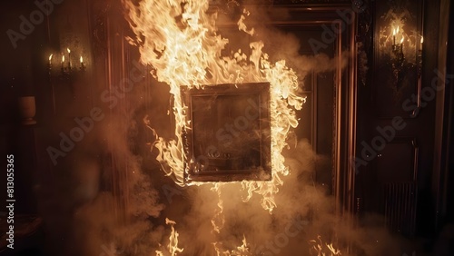 Mockup of burning frame with fire spreading in different directions carelessly. Concept Fire hazard, Unsafe behavior, Risky situation, Irresponsible actions