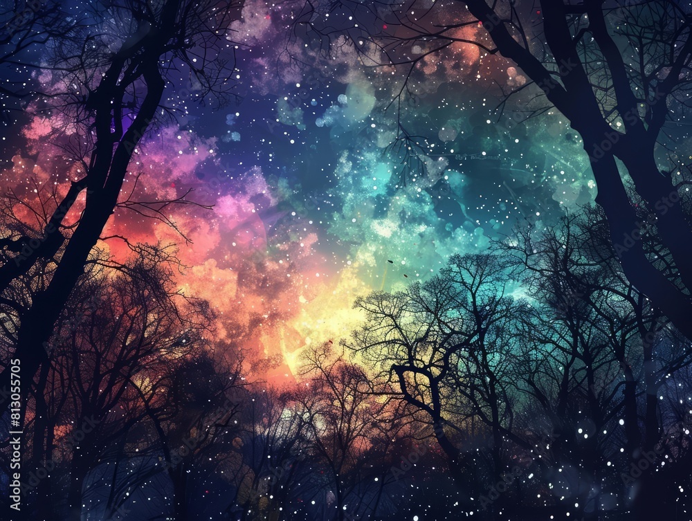 Layers of colorful light illuminating the night sky above a forest of shadowy trees Layers of colorful light illuminating the night sky above a forest of shadowy trees