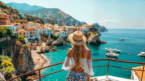 Woman tourist enjoying Cadaques panorama view, Costa brava in Spain photo for tourisium Sales Campaign, tourisium Marketing photo, tourisium Advertising photo