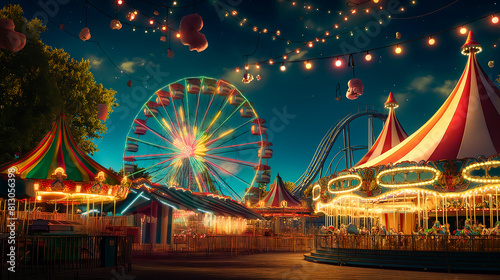 Amusement park, Carnival with a ferris wheel, carousel at night 