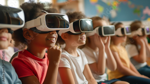 Multicultural schoolchildren using virtual reality headsets. School children wearing VR virtual reality headsets in a classroom. Education and technology 