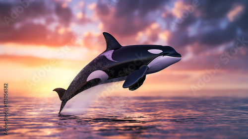 Killer whale aka Orca leaping from ocean  Amidst a dreamlike polar sunset