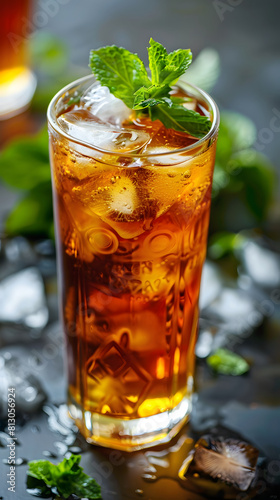 Glass of iced tea with mint leaves and ice cubes on a wooden table