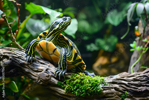 A turtle perched on a branch in a glass-walled aquarium photo