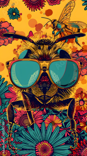 A bee wearing sunglasses with flowers on a yellow background