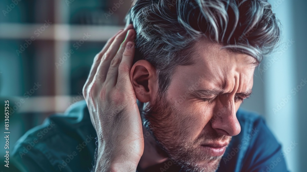 Young Man in Distress from Loud Noise. His face contorted in a grimace of pain, suggesting he is suffering from a severe headache or noise sensitivity. Migraine or intense stress Young Man in Distress from Loud Noise. His face contorted in a grimace of pain, suggesting he is suffering from a severe headache or noise sensitivity. Migraine or intense stress