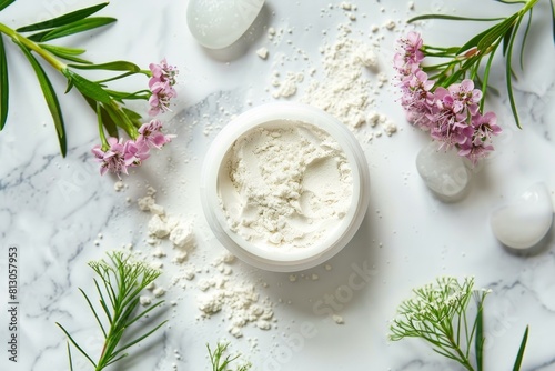 Overhead view of white cosmetic clay powder with pink flowers and greenery on a marble surface