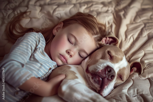 A cute little girl sleeping in bed with her beloved dog.