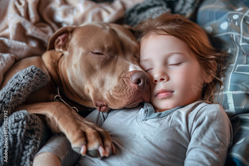 A cute little girl sleeping in bed with her beloved dog.
