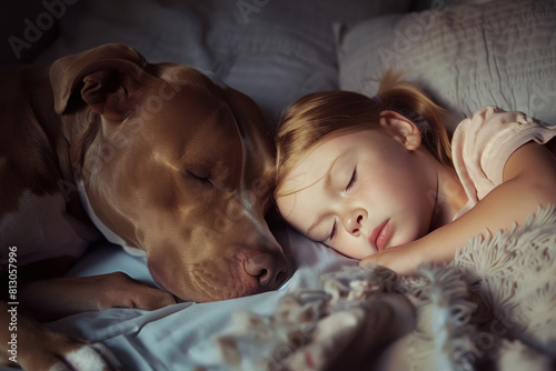A cute little girl sleeping in bed with her beloved dog.