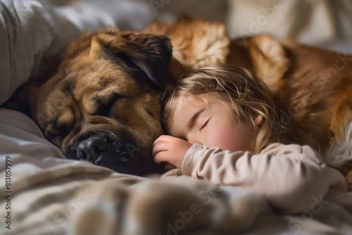 A cute little girl sleeping in bed with her beloved dog.