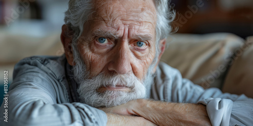 A close-up view of a man looking anxious and worried at a screen