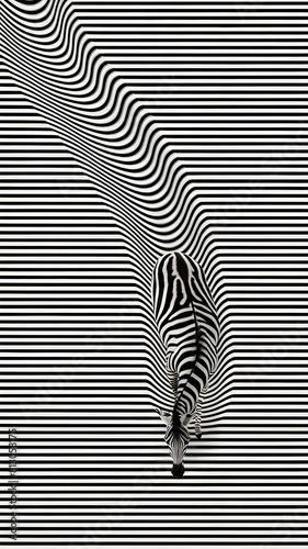 A zebra positioned against a backdrop of alternating black and white horizontal stripes. The zebra appears to be in motion  with its body slightly curved  creating an optical illusion of movement 