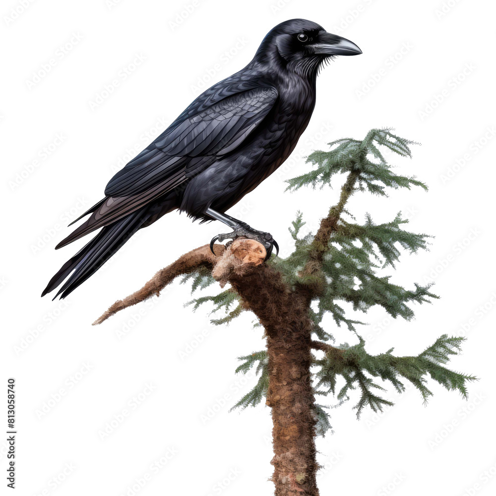 Obraz premium Crow perched on tree on a transparent background