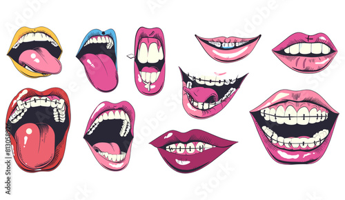vector illustration of various emotions mouths, trendy design elements, y2k design elements, teeth, tongue, piercing, braces. Smile, facial expressions, dental care, orthodontics, emotions.