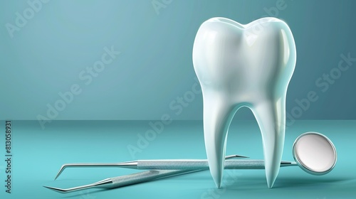 Dental health concept  shiny tooth with dental instruments on bright background