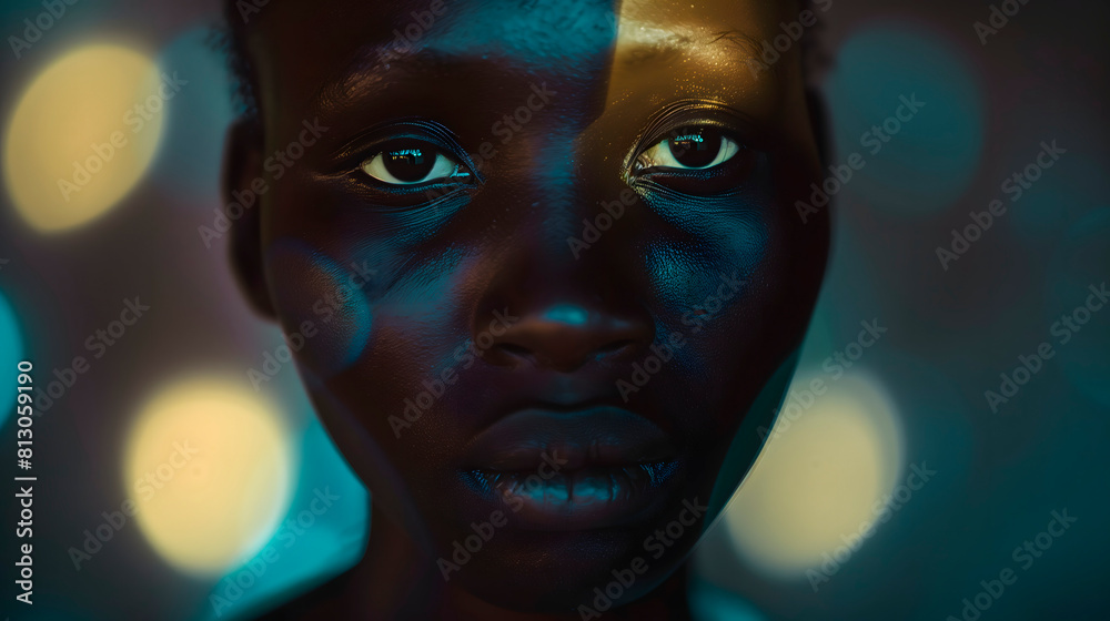 Retrato en clave baja de mujer joven africana con luces bokeh Retrato en clave baja de mujer joven africana con luces bokeh