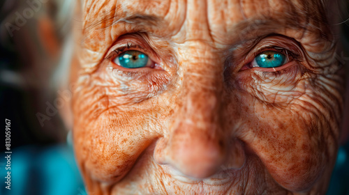 Retrato cercano de anciano con ojos azules y expresión sabia photo