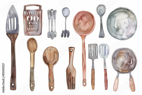 A high-detail digital painting of various kitchen utensils, rendered in a watercolor style with clean edges and a pristine white background. photo