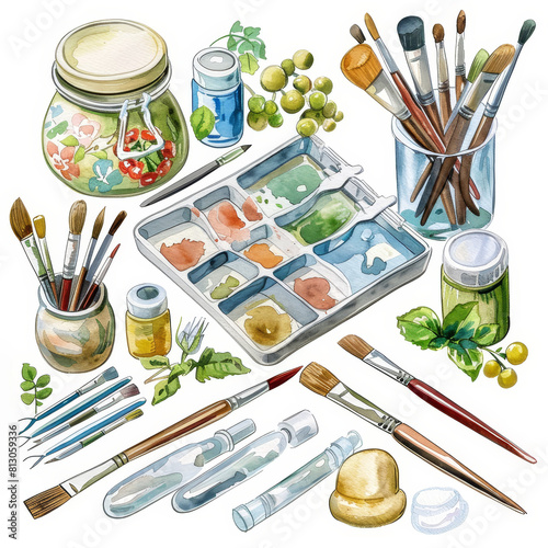This digital painting showcases a collection of hobby supplies, rendered in a watercolor style, bringing to mind the delicate work of whimsical , high-detail, clean-edged digital painting. photo