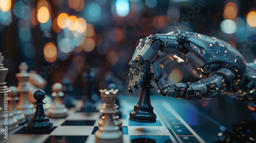 Digital robot arm playing chess, against a digital technology background. A robotic hand moves a piece on the board. Concept for a business strategy or AI creative idea design.