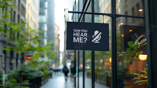 Can you hear me? sign in front of a modern office building	
