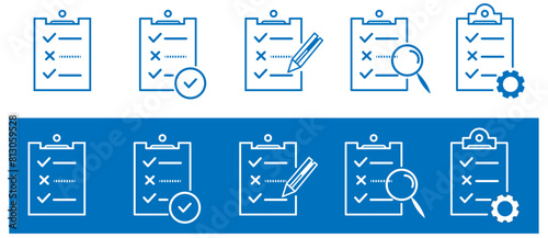 Clipboard icon vector set. Checklist, checkmarks with pencil, Quality check flat line icon, Form symbol isolated on transparent background.