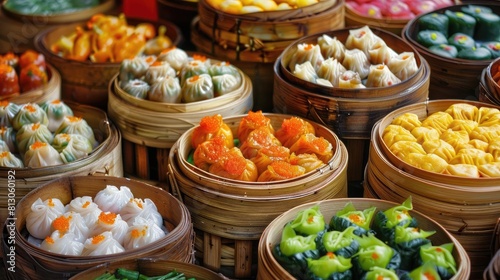 Dim Sum Assortment A colorful display of various dim sum in bamboo steamers photo