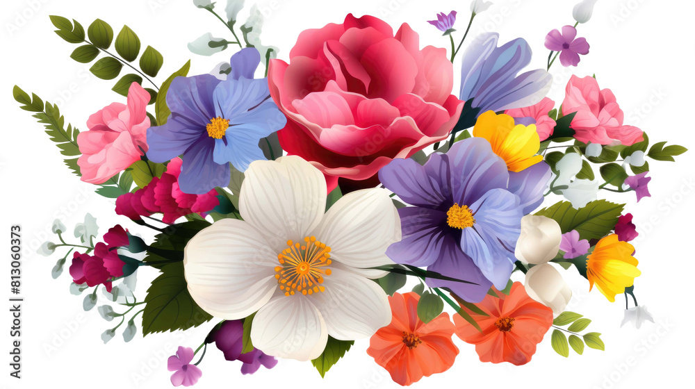 many kinds of colorful flowers isolated on a transparent background