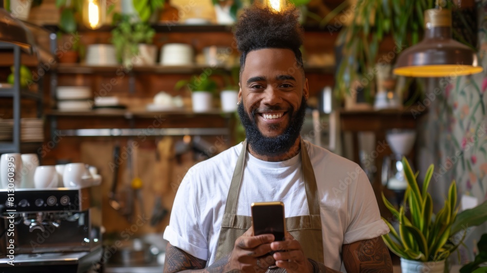 A Cheerful Barista with Smartphone