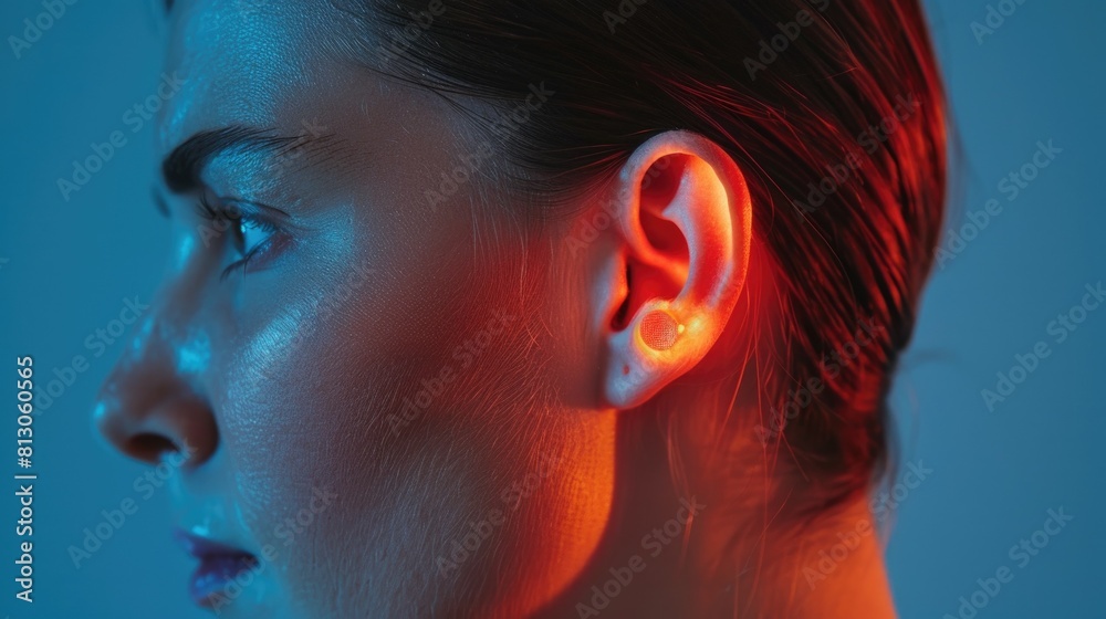 Woman Suffering from Severe Ear Pain. young woman experiencing intense ear pain, illuminated by a red light to signify discomfort. Otitis