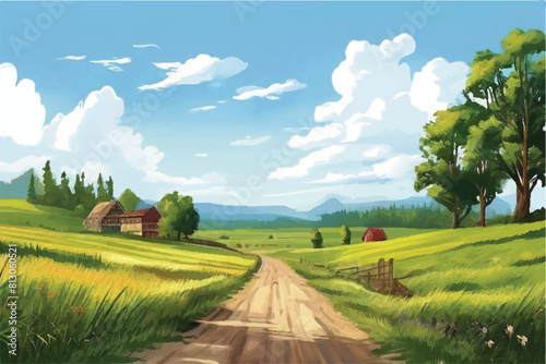 Rural Scene Landscape. A scene of farmland with green fields. A backdrop with blue sky, meadows, and trees with green grass. Vector image of rural farmland in the country. 