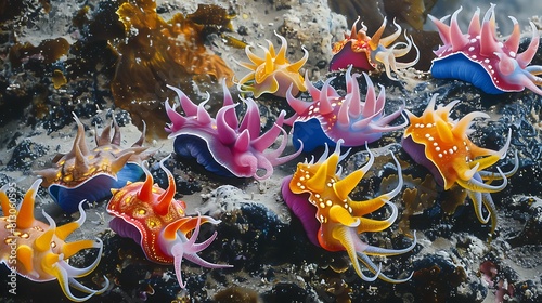 A colorful array of nudibranchs crawling across a rocky seabed, their vibrant hues a striking contrast against the muted tones of the ocean floor. © Ansar